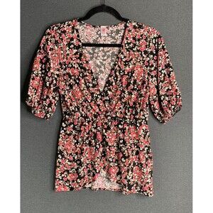 Cozy Rozy Love Top Womens Faux Wrap Balloon Sleeve Peplum Waist Floral Sz Small